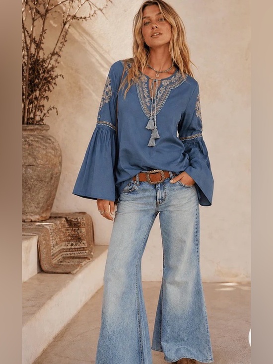 Tops - 0300. Embroidered Indigo Blue Bell-Sleeve Peasant Top